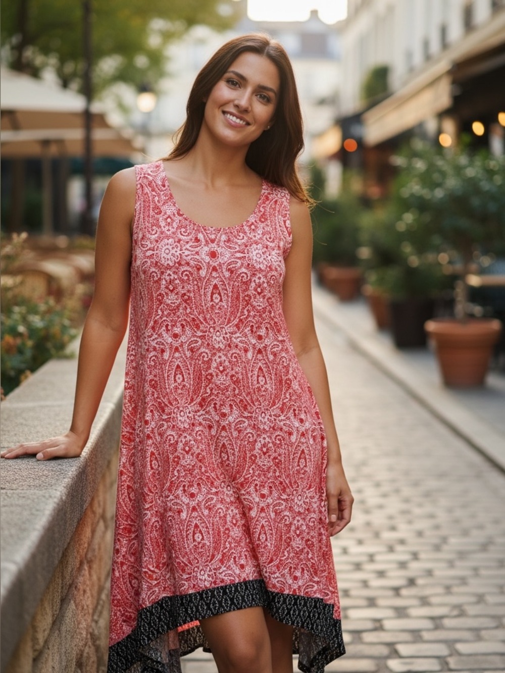 Reborn Red Paisley Print Shark-bite Hemline Sleeveless Dress